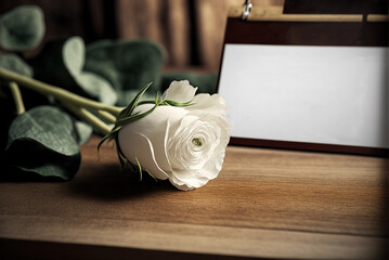 white rose on wooden background, generative ai