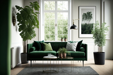 Fine interior of a Scandinavian living room with a green velvet sofa, coffee table, carpet, plants, furniture, and elegant accents. Template. Generative AI