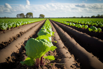 Rows of sugar beets are grown on plantations. Generative AI