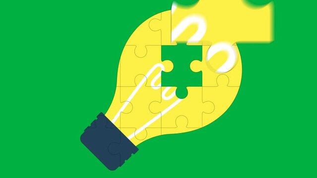 animated creative idea, light bulb icon jigsaw puzzle on green chroma key background. Idea, education or technology concept 4k video motion graphic animation. Motion graphic design. Alpha channel incl