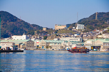 View of Nagasaki Bay in Nagasaki city, Kyushu, Japan.
