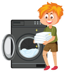 Cartoon boy doing laundry with washing machine