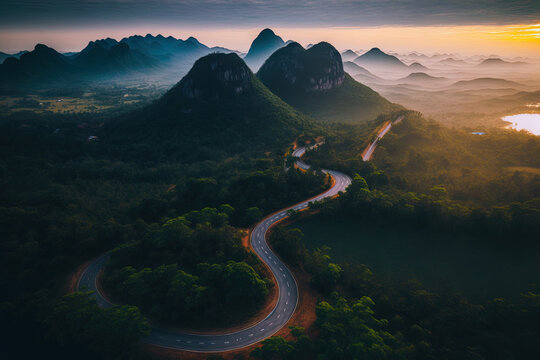 Phu Kao Ngom LOEI Thailand, aerial top picture of sky road above top of mountain with fog and green jungle dawn. Generative AI