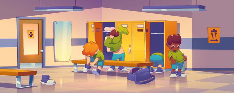 School gym locker room with kids changing sport uniform. Male dressing room interior with lockers, benches, mirror and boys, vector illustration in contemporary style