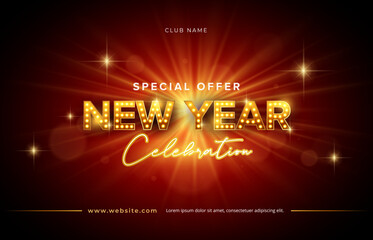 New Year Celebration design with shinning star, lightbulb wording in red burst background