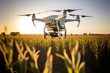 Over the cornfield, a drone for agriculture soars. Precision agriculture and smart agriculture. Generative AI