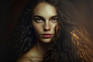 Fototapeta premium Portrait of a beautiful girl, She has long, flowing hair that is a rich, dark color, and her skin is a warm, golden tone.
