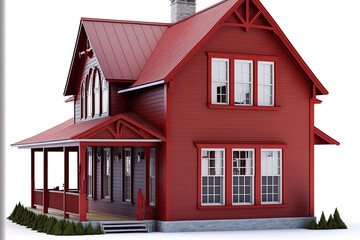 The large red traditional American two story home with terrace is isolated on a white backdrop. Generative AI