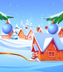 Obraz na płótnie Canvas Winter village landscape with houses covered in snow and Christmas decorations on trees. Cartoon vector illustration of cozy settlement surrounded by forest under blue sky. Holiday card background
