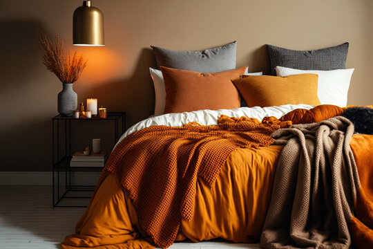 Orange and brown bedding on the bed in the chic design of the room. Generative AI