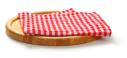 Red check napkin and board for pizza on white background. Red napkin on wooden round board isolated. - 558559146