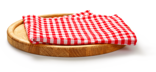 Red check napkin and board for pizza on white background. Red napkin on wooden round board isolated.