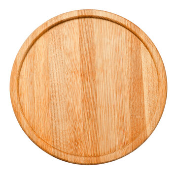 Wooden board on white background. Round board isolated. Top view. Design element.