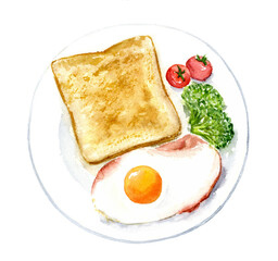 上から見たトーストとベーコンエッグ　水彩イラスト　背景透過PNG