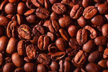 Food texture, high-quality coffee beans, roasted natural coffee.
