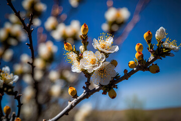 Stunning tree in blossom in selective focus against a blue sky. Generative AI