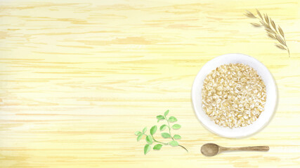 上から見たオートミールの水彩イラスト　木目背景　フラットレイ　ベクター
