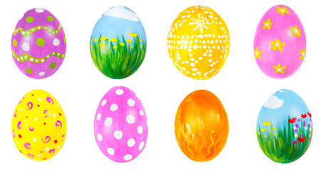 Patterns, bright colors and spring flowers on a set of hand painted Easter eggs