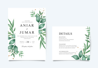 Elegant wedding invitation template with green leaves