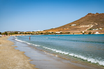 Distant view of scenic Molos Beach, on the western side of Paros.