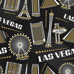 Vector Las Vegas seamless pattern, square repeating background with illustrations of simple outline buildings on dark background for wrapping paper, decorative urban poster with white text las vegas © mihmihmal
