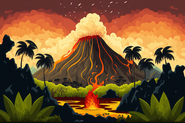 Tropical natural environment with an active volcano erupting. Cartoon mountain panorama natural catastrophe with fire and smoke backdrop, lava fountain, and volcanic hot ash clouds. Generative AI - obrazy, fototapety, plakaty