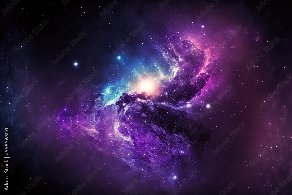 Wall mural with a nebula and bright stars, the background of space is painted in color. generative ai
