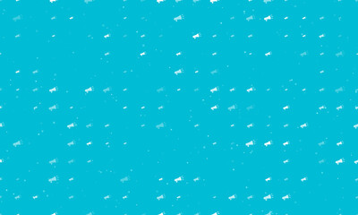 Seamless background pattern of evenly spaced white megaphone symbols of different sizes and opacity. Vector illustration on cyan background with stars