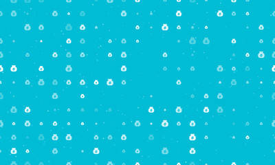Seamless background pattern of evenly spaced white instant coffee symbols of different sizes and opacity. Vector illustration on cyan background with stars