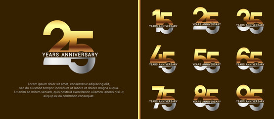 set of anniversary logo style silver and gold color on brown background for celebration