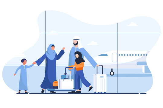 Arab Muslim Happy Family At The Airport. Family Day Or Celebration Flat Design Cartoon Vector Illustration. Can Be Used For Family Time On Weekend Concept Or Tourism And Travel Activities