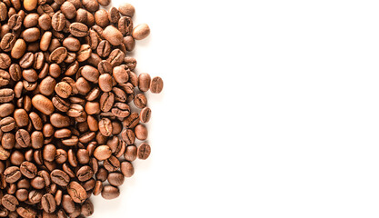 Coffee beans initially cover the white background. View from above. High quality product.