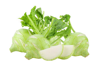Fresh kohlrabi with green leaves on transparent png
