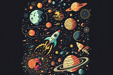 Fantastic galaxy with strange, uncharted planets that have not yet been found, stars, rockets, and other components. amazing science fiction, cosmic exploration. isolated thin line illustration