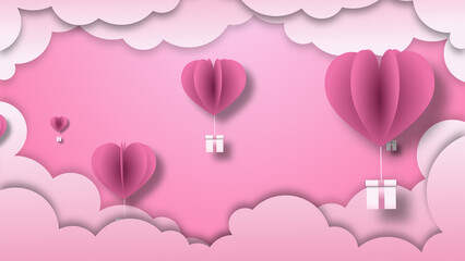 Fototapeta na wymiar Valentines day background, paper cut heart ballon flying on pink sky with pink clouds.