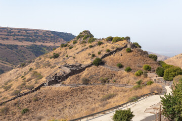 The hill  on which the ruins of the Jewish city of Gamla, destroyed during the Roman Empire, located in the Gamla Nature Reserve, Golan Heights, northern Israel