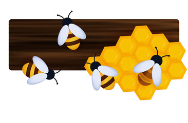 Bees with a fragment of honeycombs on wooden boards. Vector 3d illustration. Insects in the apiary, a swarm of bees close-up, hexagonal yellow honeycombs. The concept of collecting nectar, environment