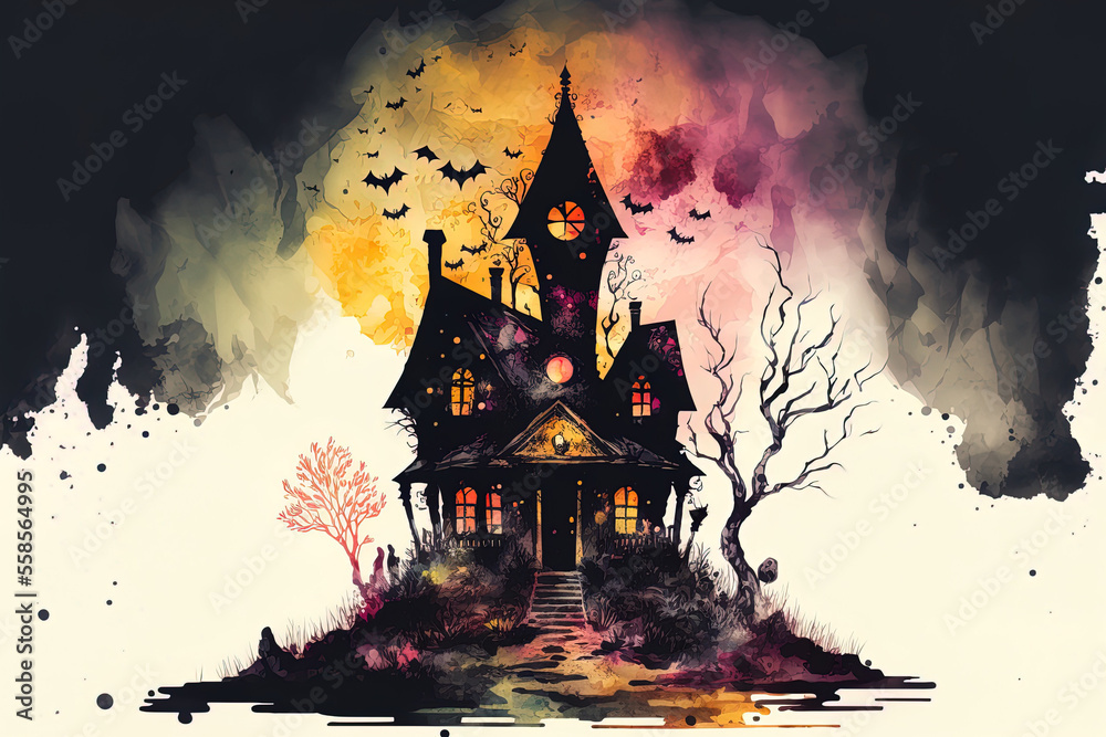 Sticker Halloween spooky house painted in watercolor. Generative AI