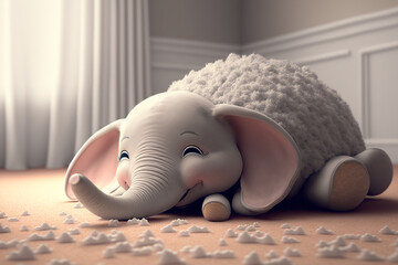 Cute, white, sleeping baby elephant, dreaming, smiling, carpet, bright room, Generative AI