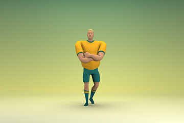 An athlete wearing a yellow shirt and green pants is expression of hand when talking. 3d rendering of cartoon character in acting.