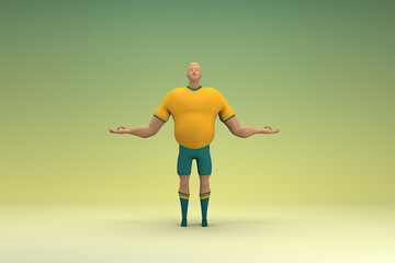An athlete wearing a yellow shirt and green pants is expression of hand when talking. 3d rendering of cartoon character in acting.