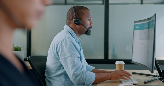 Business, black man and call center for customer service, telemarketing and typing in office. Agent, consultant and African American male with computer, digital marketing, help and online support.