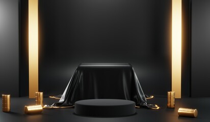 3D rendering of backdrop black podium background for black friday products