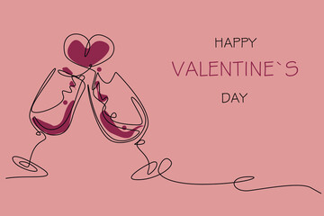 Greeting card for Valentine's Day with glasses of wine