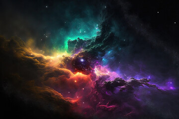 Fototapeta na wymiar On a dark background, there is multicolored fractal nebula dust. Generative AI