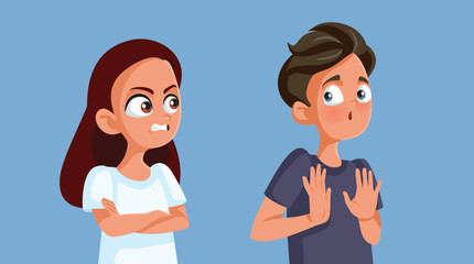 Boy Rejecting Accusations from Angry Girl Vector Cartoon Illustration. Jealous girlfriend asking for accountability while her boyfriend defends himself 
