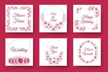 flowers and floral wreath wedding invitation frame design with elegant viva magenta backgrounds
