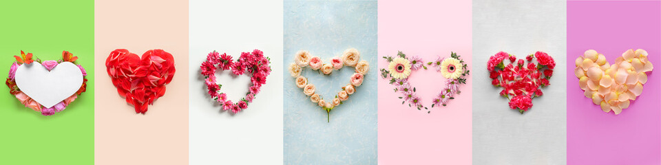Set of hearts made of beautiful flowers on color background