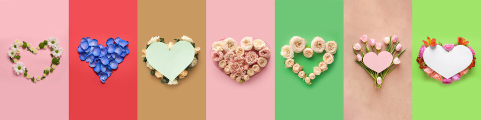 Set of hearts made of beautiful flowers on color background, top view