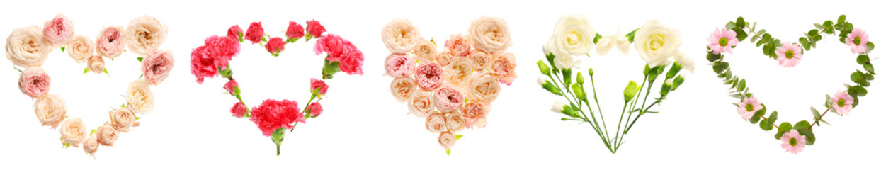 Set of hearts made of beautiful flowers on white background